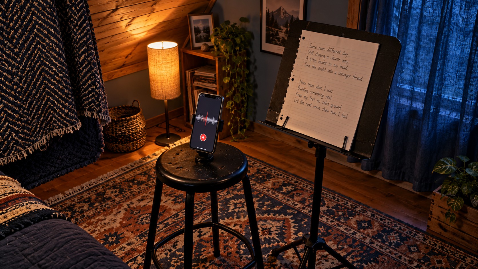 Smartphone audio recorder beside a lyric sheet on a music stand in a warmly lit attic practice space.