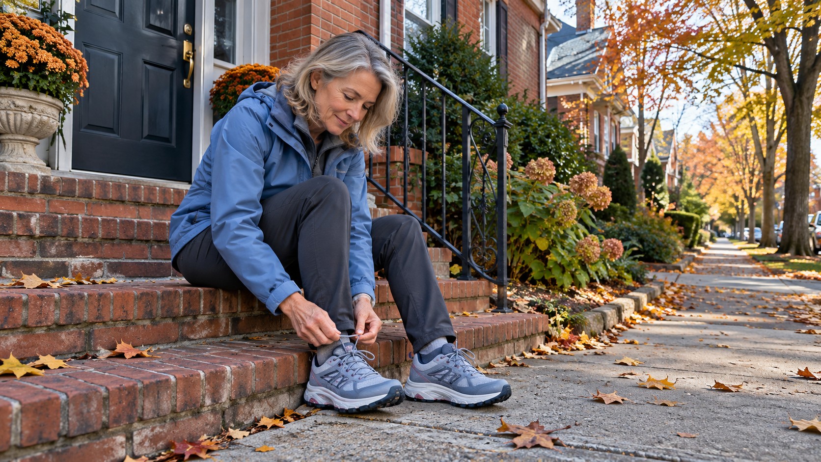 A woman in a blue jacket ties her walking shoes on brick front steps beside an autumn-lined pavement.