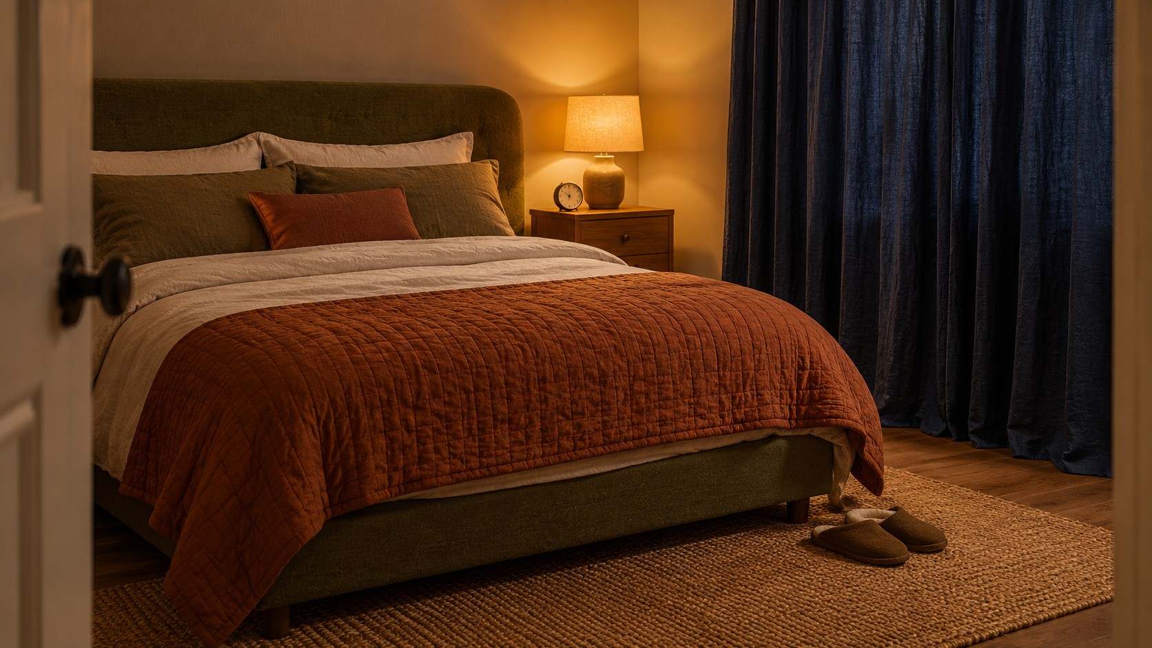 A bedroom with a terracotta quilt, olive headboard, warm bedside lamp, analogue clock and closed dark blue curtains.