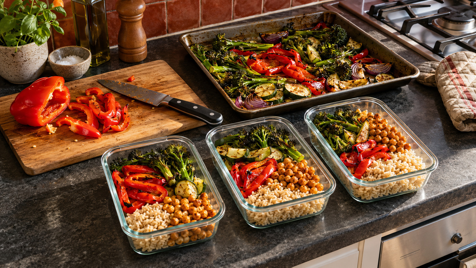 Three glass meal containers filled with rice, chickpeas and vegetables beside a roasting tray and a cutting board in a home kitchen.