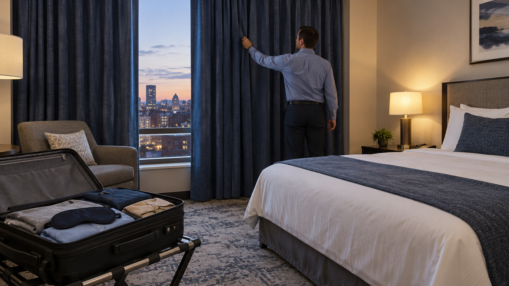 A traveller closing blue hotel curtains at dusk, with an open suitcase and sleep mask beside a prepared bed.