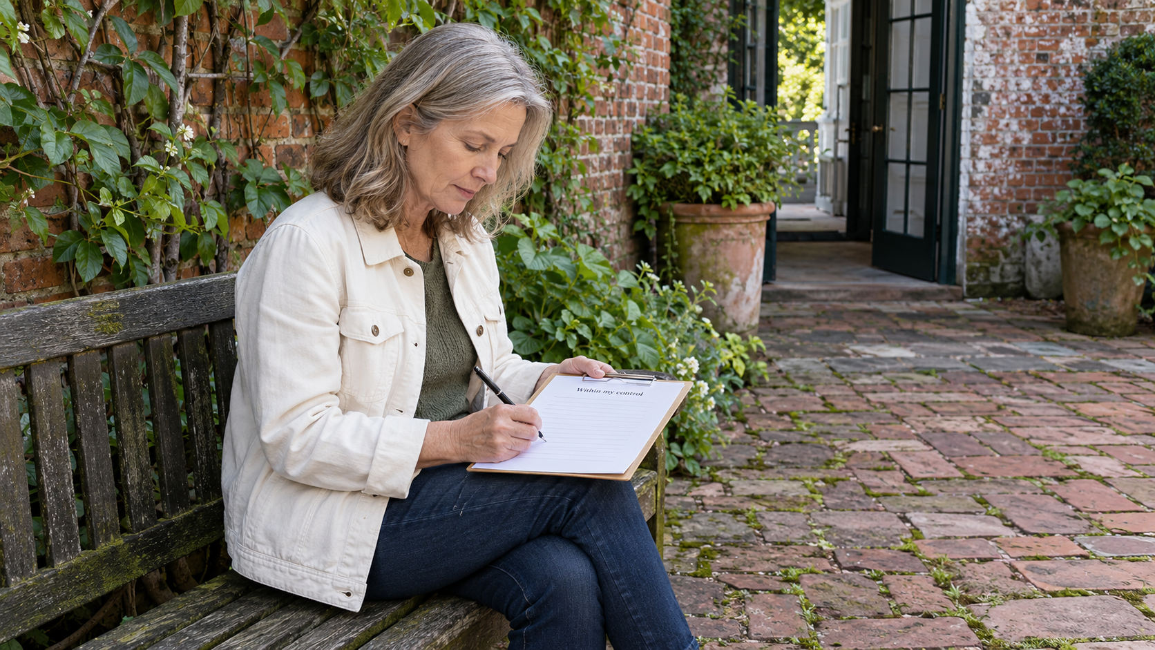 Woman writing on a clipboard while seated on a sheltered courtyard bench.