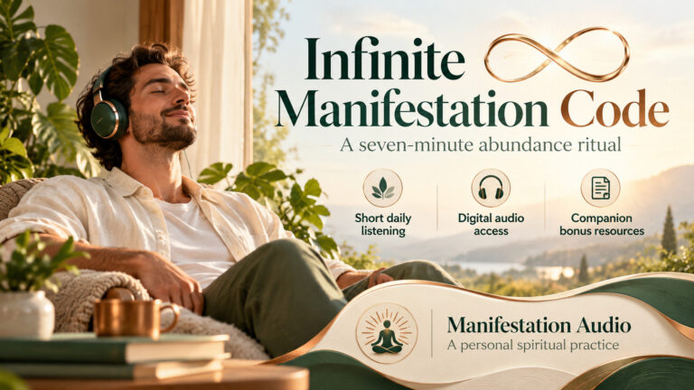 Infinite Manifestation Code banner with a man relaxing in headphones beside a window, introducing a seven-minute abundance audio ritual.