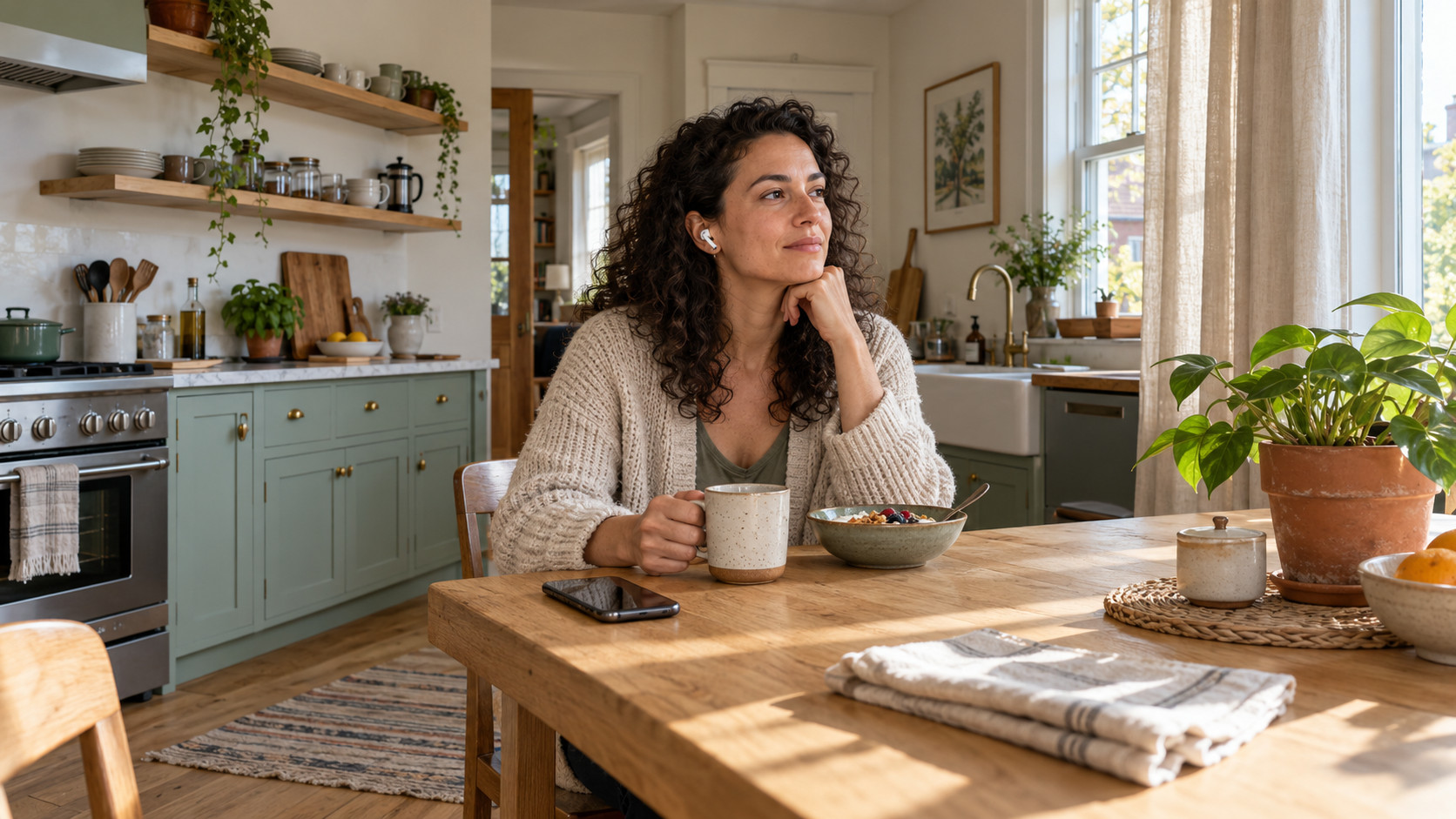 Woman wearing earbuds at an oak breakfast table beside a smartphone in a sunlit kitchen with sage-green cabinets.
