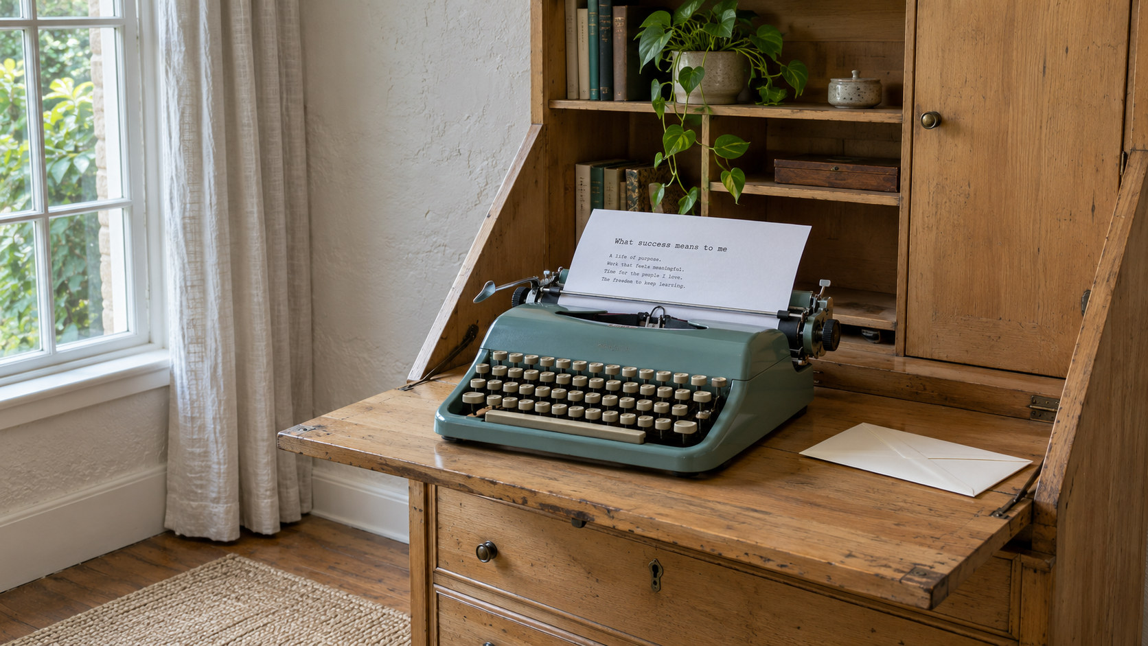 Typewriter with a private reflection about personal success in a quiet writing alcove.