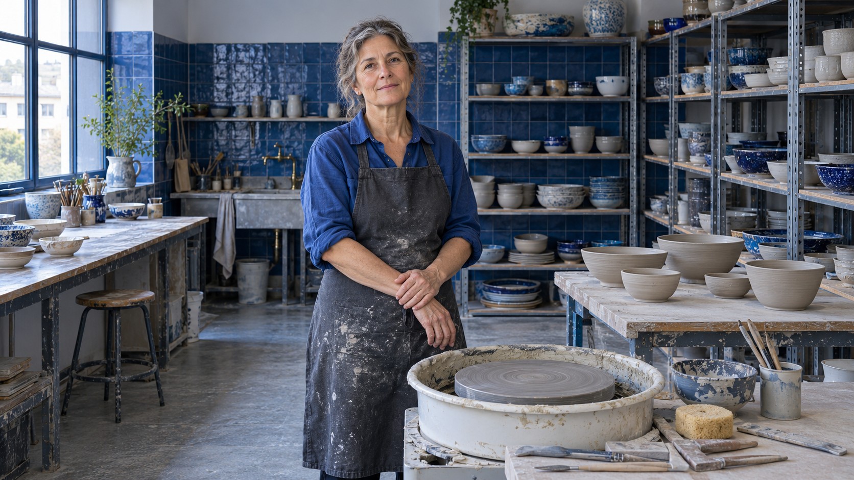 Woman resting one hand over her wrist beside a pottery wheel in a blue-tiled ceramics studio.