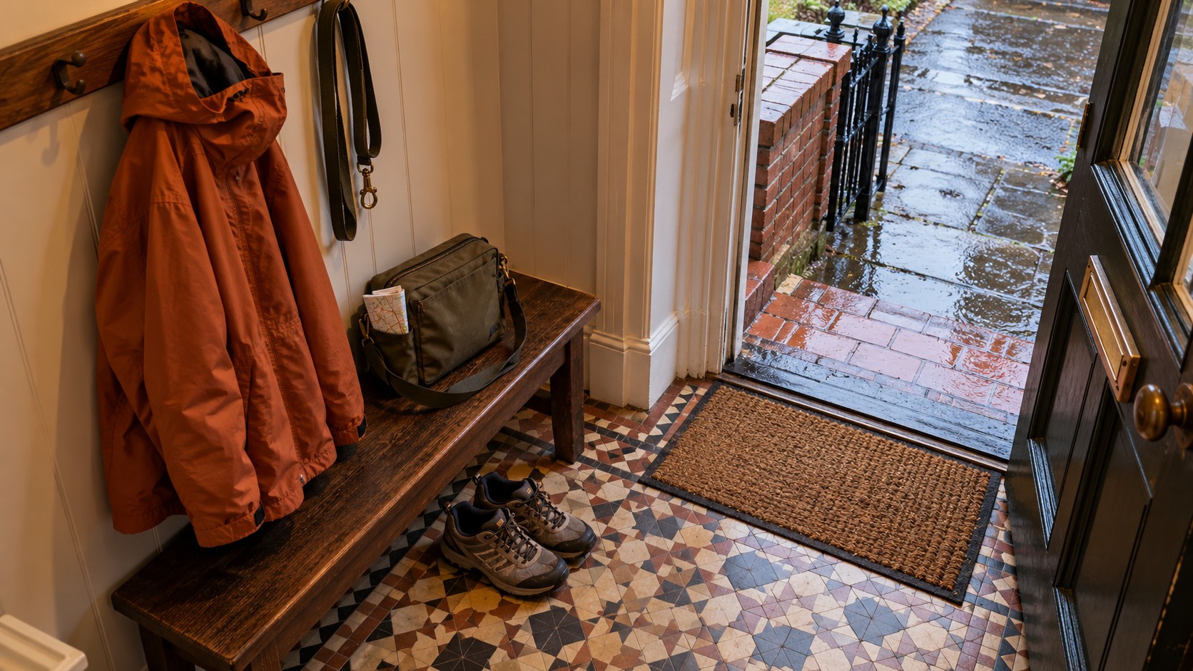 Walking shoes, an orange jacket, a shoulder bag and a dog lead arranged beside an open front door overlooking wet pavement.