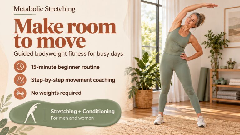 Metabolic Stretching banner with a woman performing a standing side stretch, three program features and a stretching and conditioning information panel