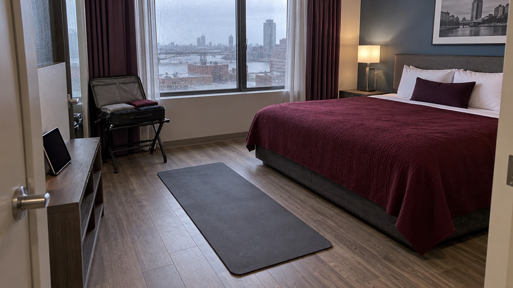 Exercise mat on clear flooring in a hotel bedroom, with a tablet on a low shelf and an open suitcase beside a rainy window.