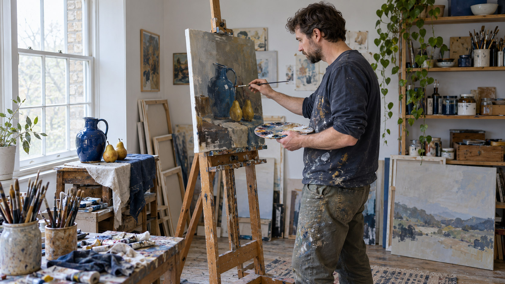 Man painting a still life of a blue jug and pears at an easel in a bright home studio.
