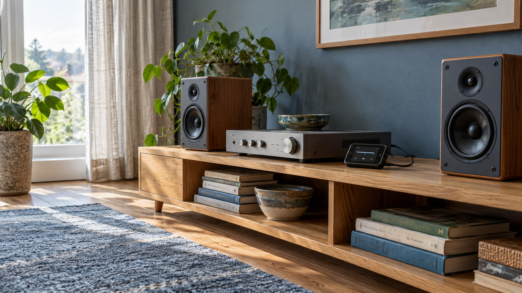 Portable audio player connected to a stereo amplifier and two speakers on an oak media shelf.