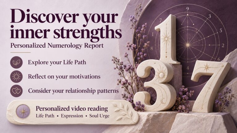 Personalized Numerology Report banner featuring sculpted numbers and three points about Life Path, motivations and relationship patterns