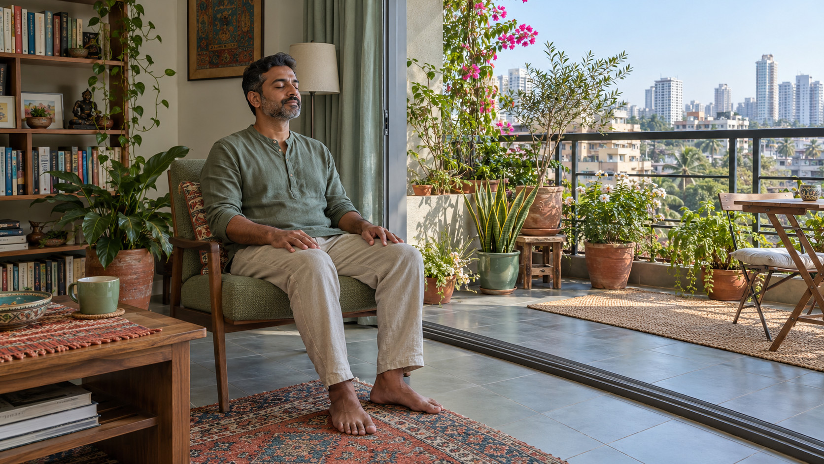 Man sitting with his eyes closed beside a plant-filled balcony during a quiet morning pause.