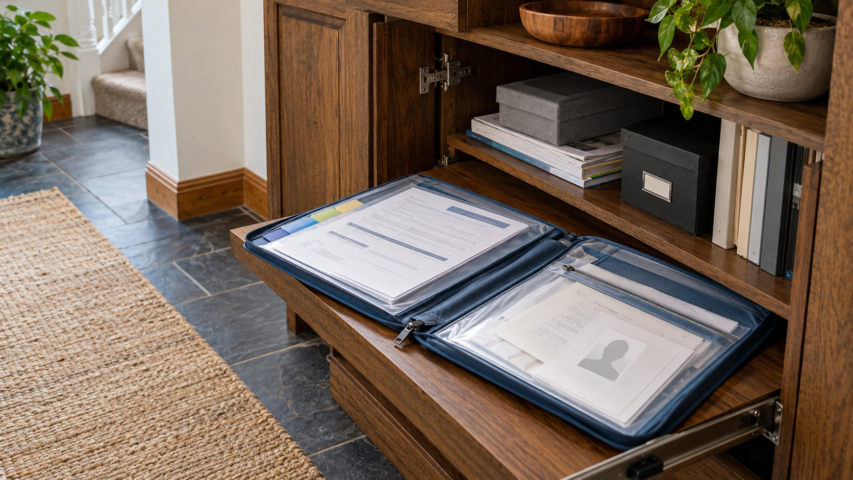 Family documents organised in a protective folder inside a home storage cabinet.