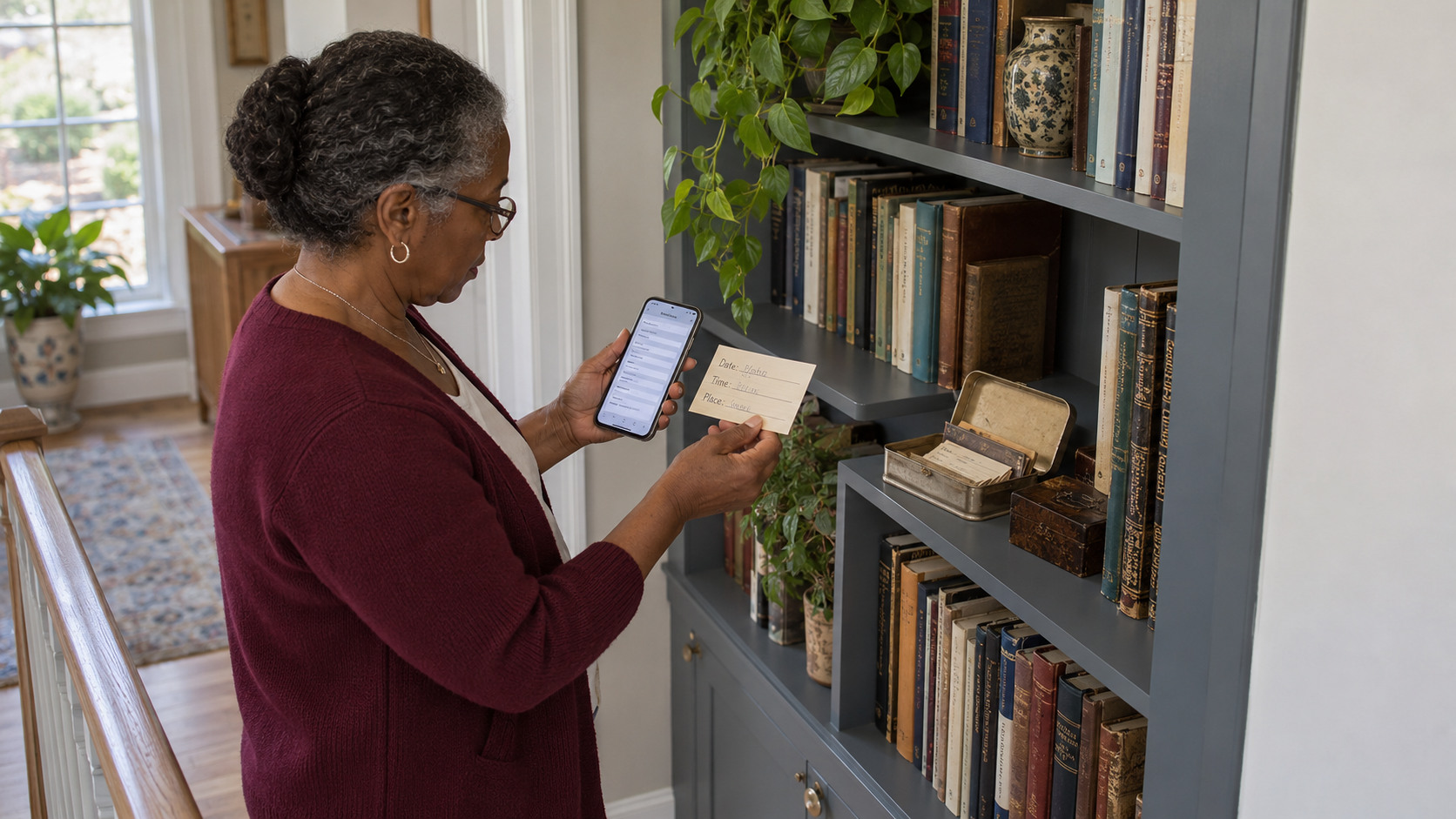Woman checking a family birth-record card while entering details on a smartphone.
