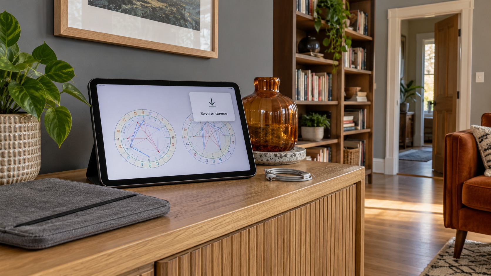 Tablet showing a generic compatibility preview and a save-to-device dialog on a home console.