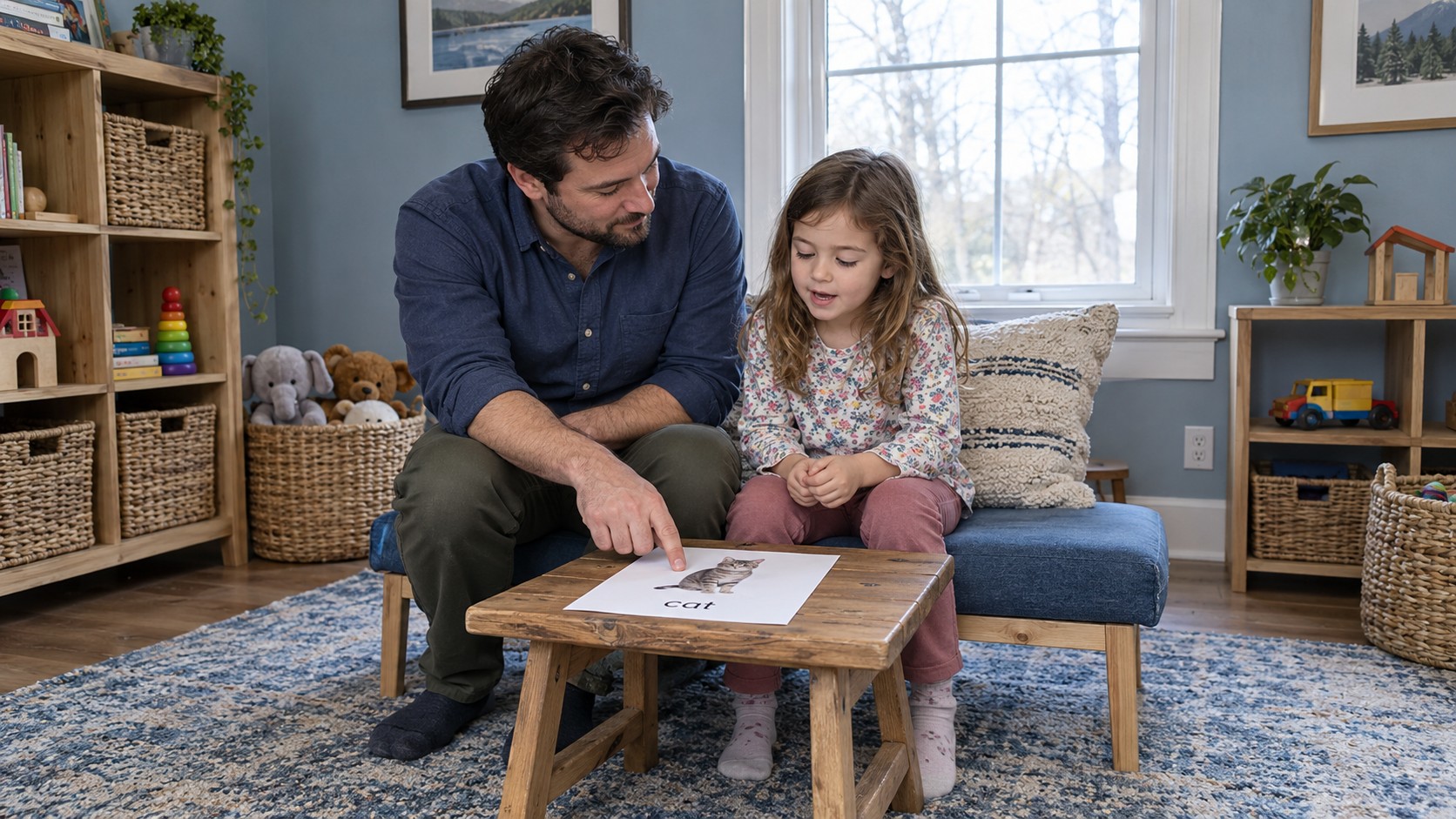 Father pointing to a cat picture and word on an activity sheet while his young daughter practises beside him on a blue bench.