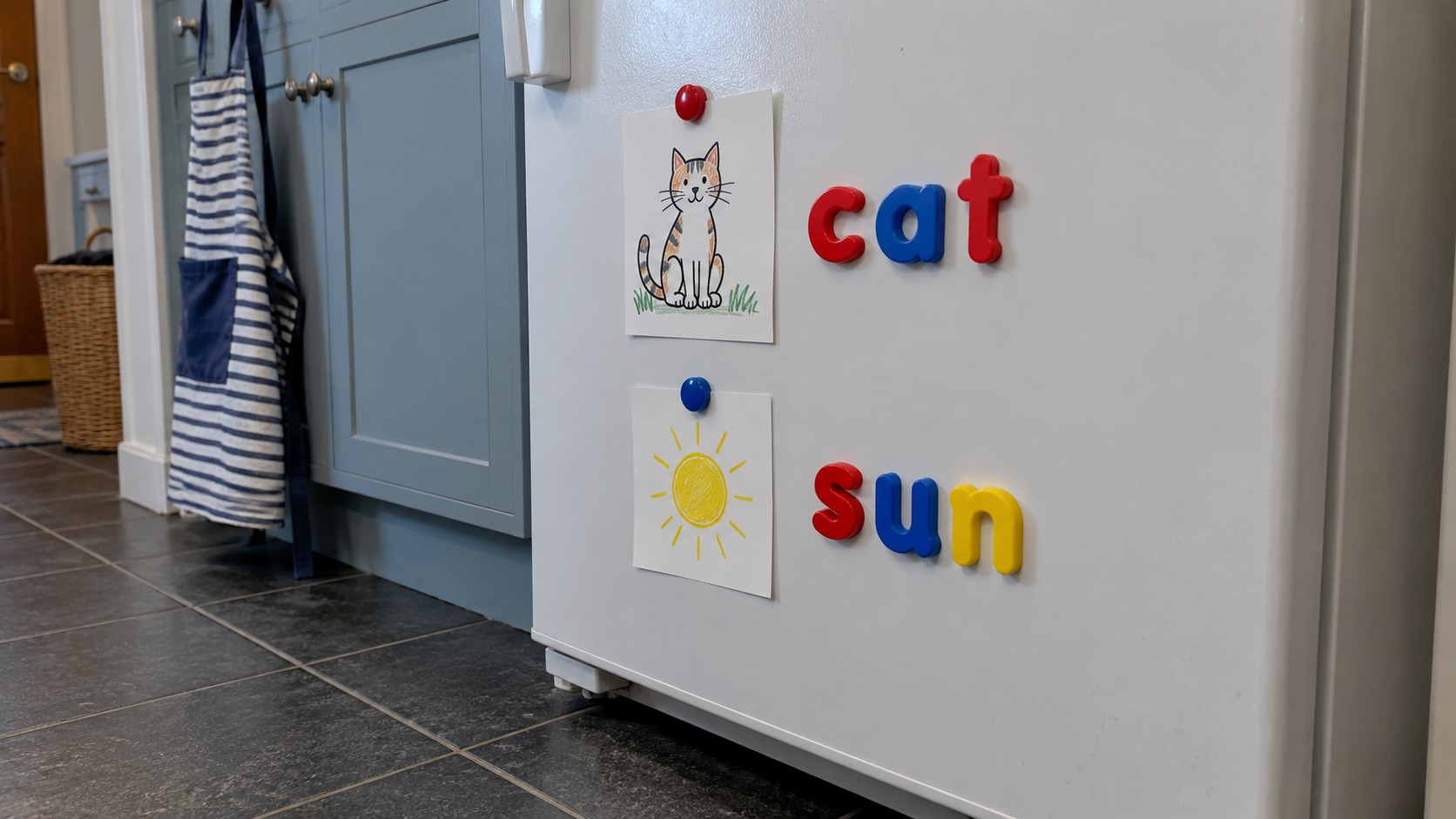 Colourful magnetic letters spelling cat and sun beside matching picture cards on a refrigerator in a family utility room.