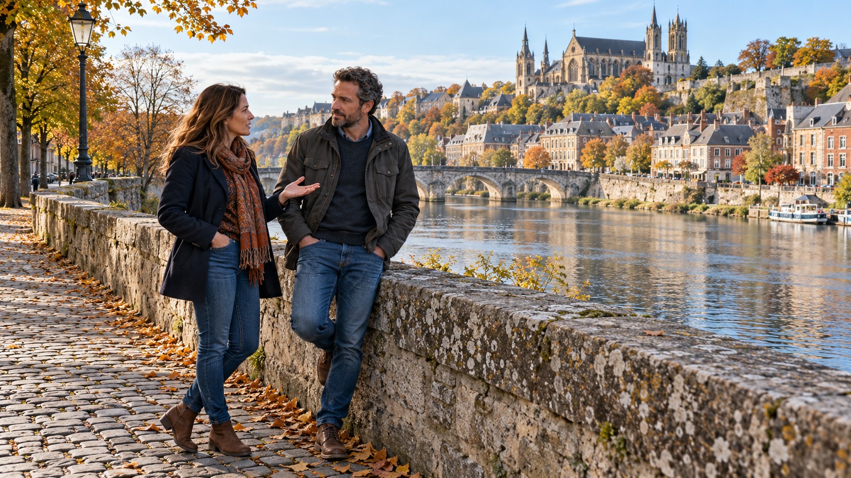 A woman speaks with her partner beside a stone riverside wall during an autumn walk.