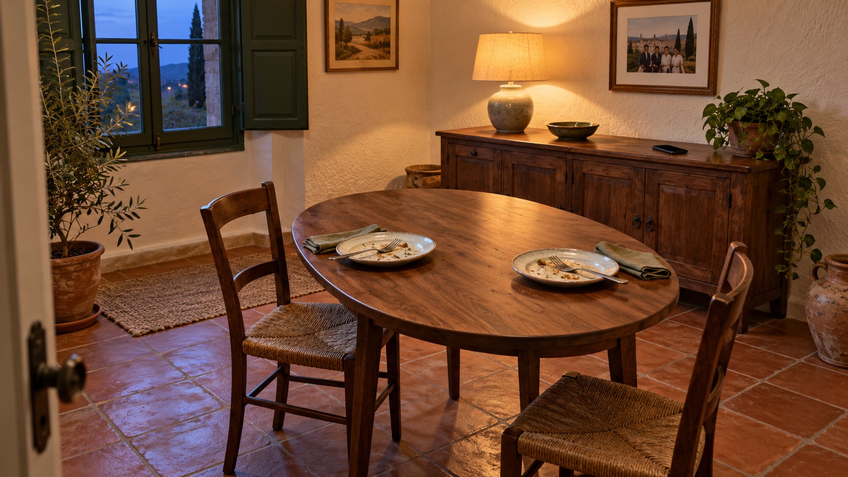 Two dinner places remain at a wooden table while a smartphone rests away from the chairs on a sideboard.