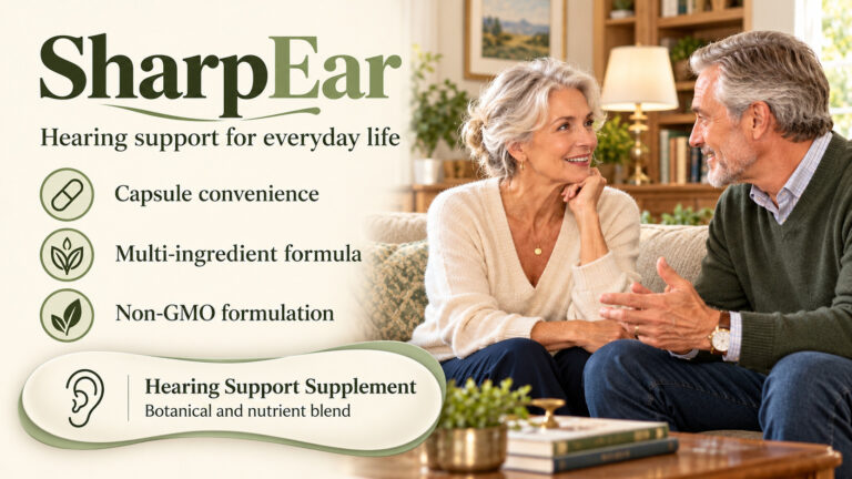 SharpEar banner with a mature couple talking in a bright living room, presenting a capsule supplement for hearing support.