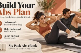 Promotional banner showing a woman and man exercising, with points about abdominal training, food choices and fitness goals.
