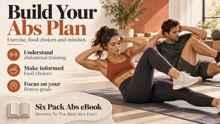 Promotional banner showing a woman and man exercising, with points about abdominal training, food choices and fitness goals.