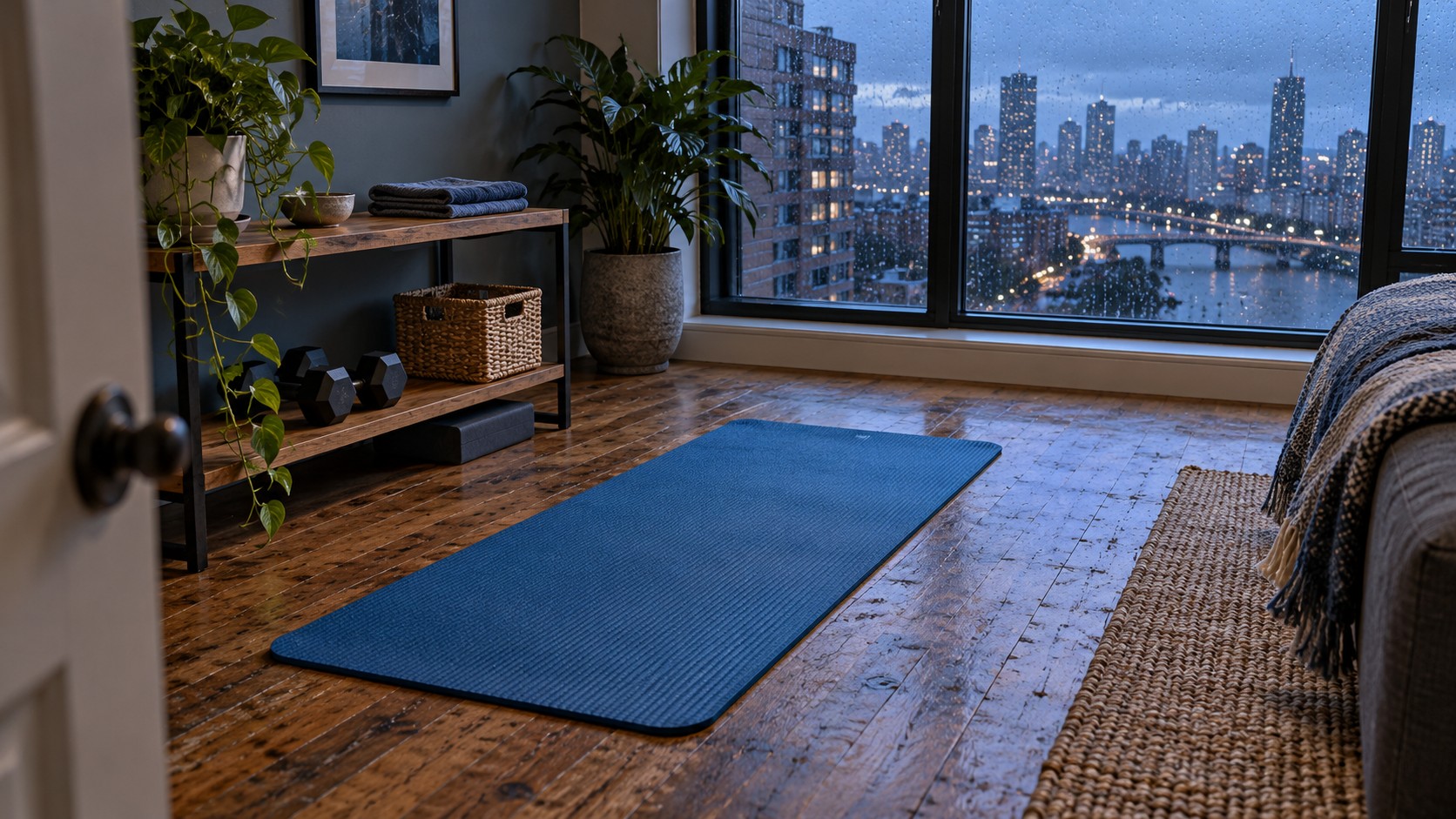 Blue exercise mat laid out beside dumbbells and folded towels in an apartment overlooking a rainy city.