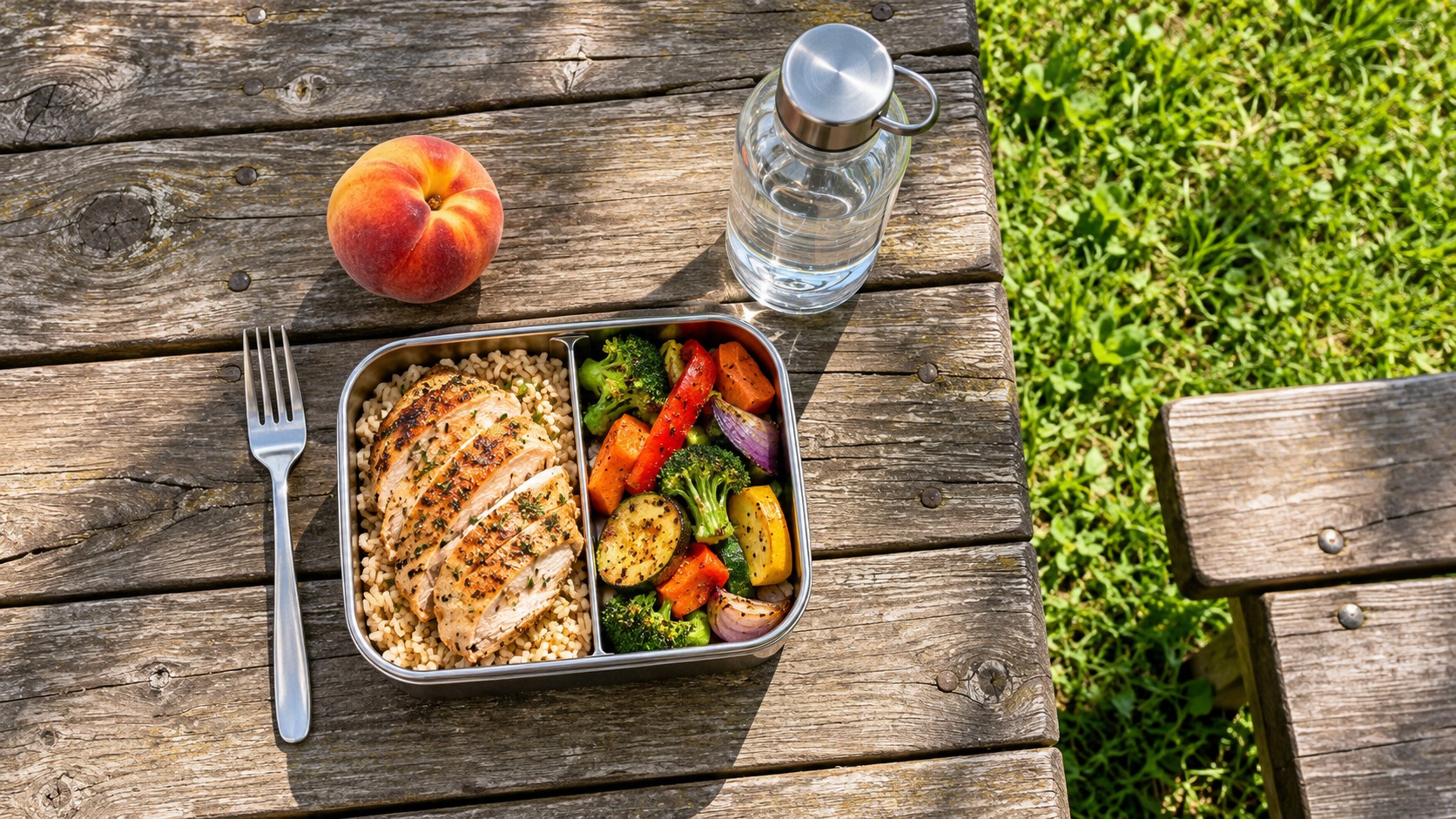Chicken, rice and vegetables in an open lunch container on a picnic table beside a peach and water bottle.