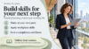 Stratos Institute banner with a businesswoman using a tablet beside office windows, introducing flexible online professional courses.