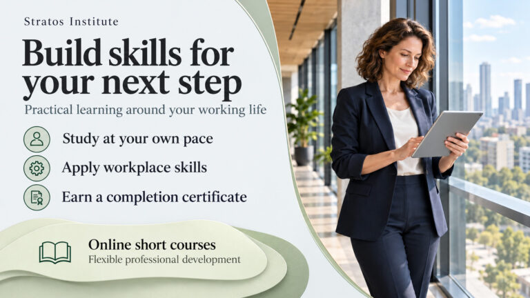 Stratos Institute banner with a businesswoman using a tablet beside office windows, introducing flexible online professional courses.