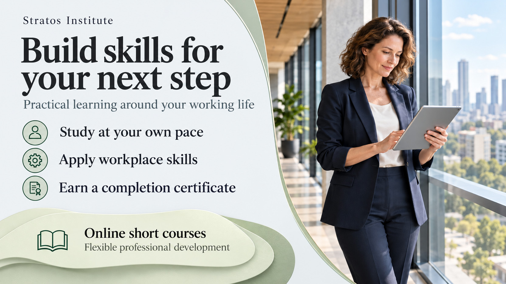 Stratos Institute banner with a businesswoman using a tablet beside office windows, introducing flexible online professional courses.