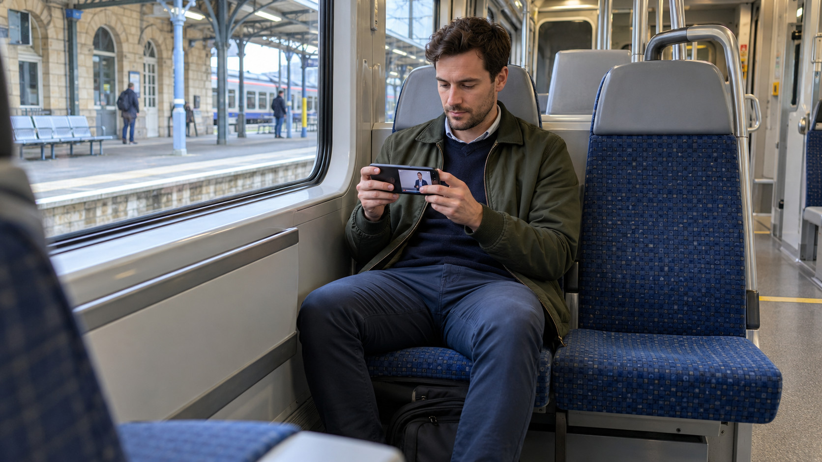 Commuter studying a short online lesson on a smartphone in a quiet train carriage.