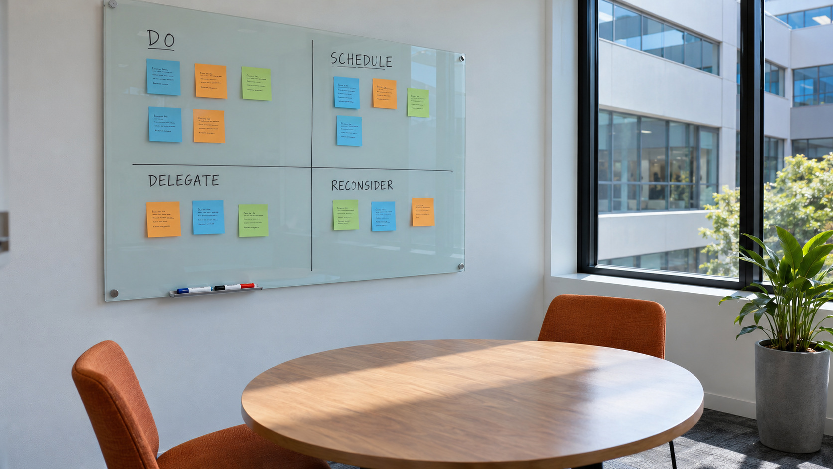 Four-quadrant priority board with coloured task cards in an empty workplace meeting room.