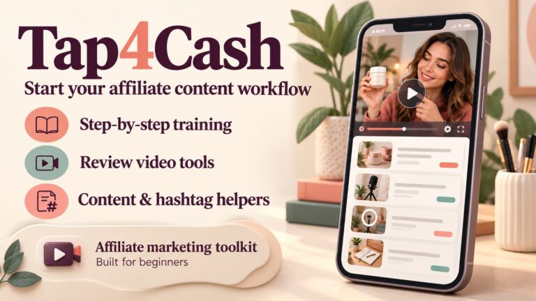 Tap4Cash banner featuring a smartphone with review content beside training, video and content-tool features.