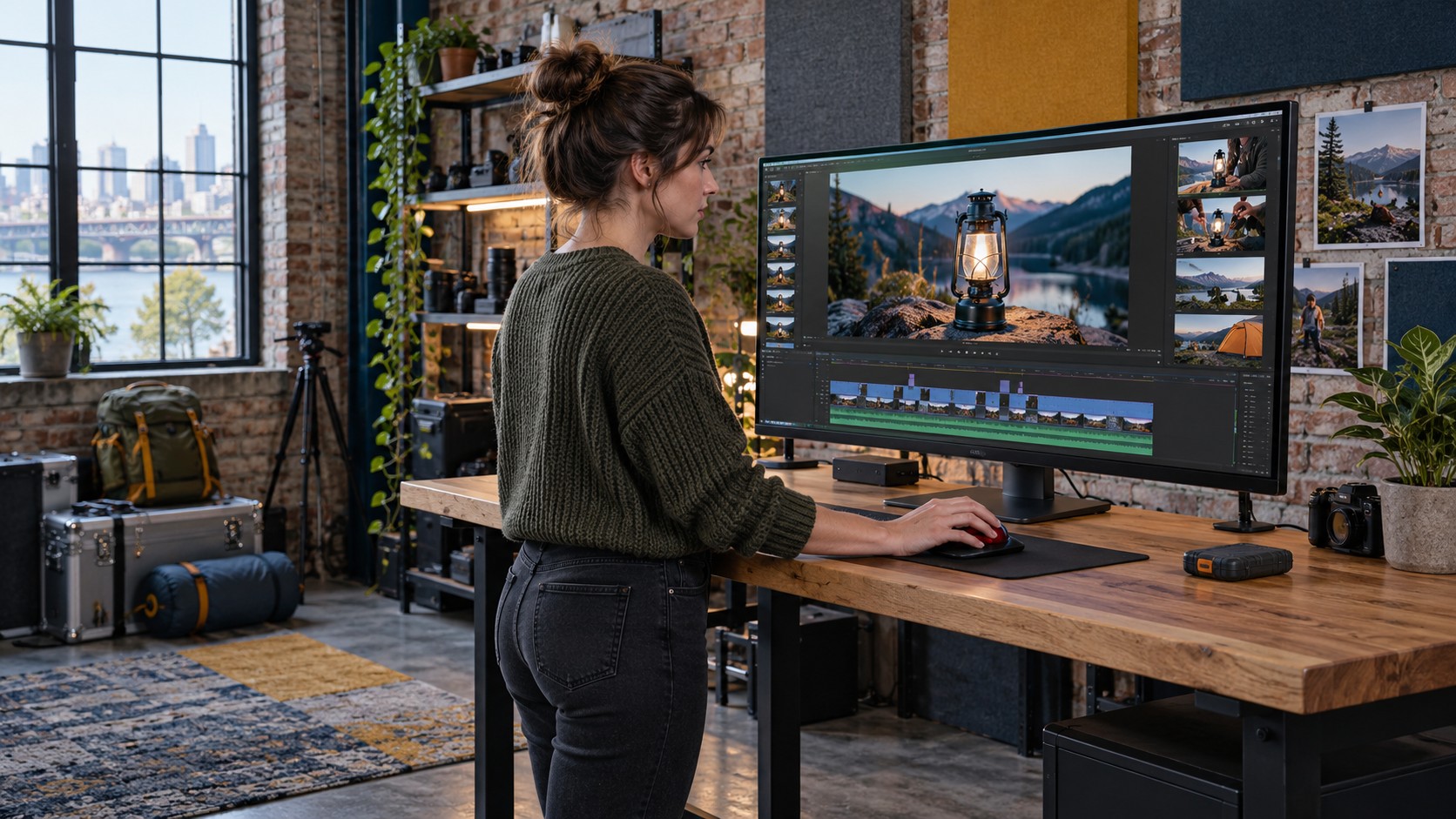 Woman reviewing a camping-lantern video on a large monitor at a standing workstation in a brick studio.