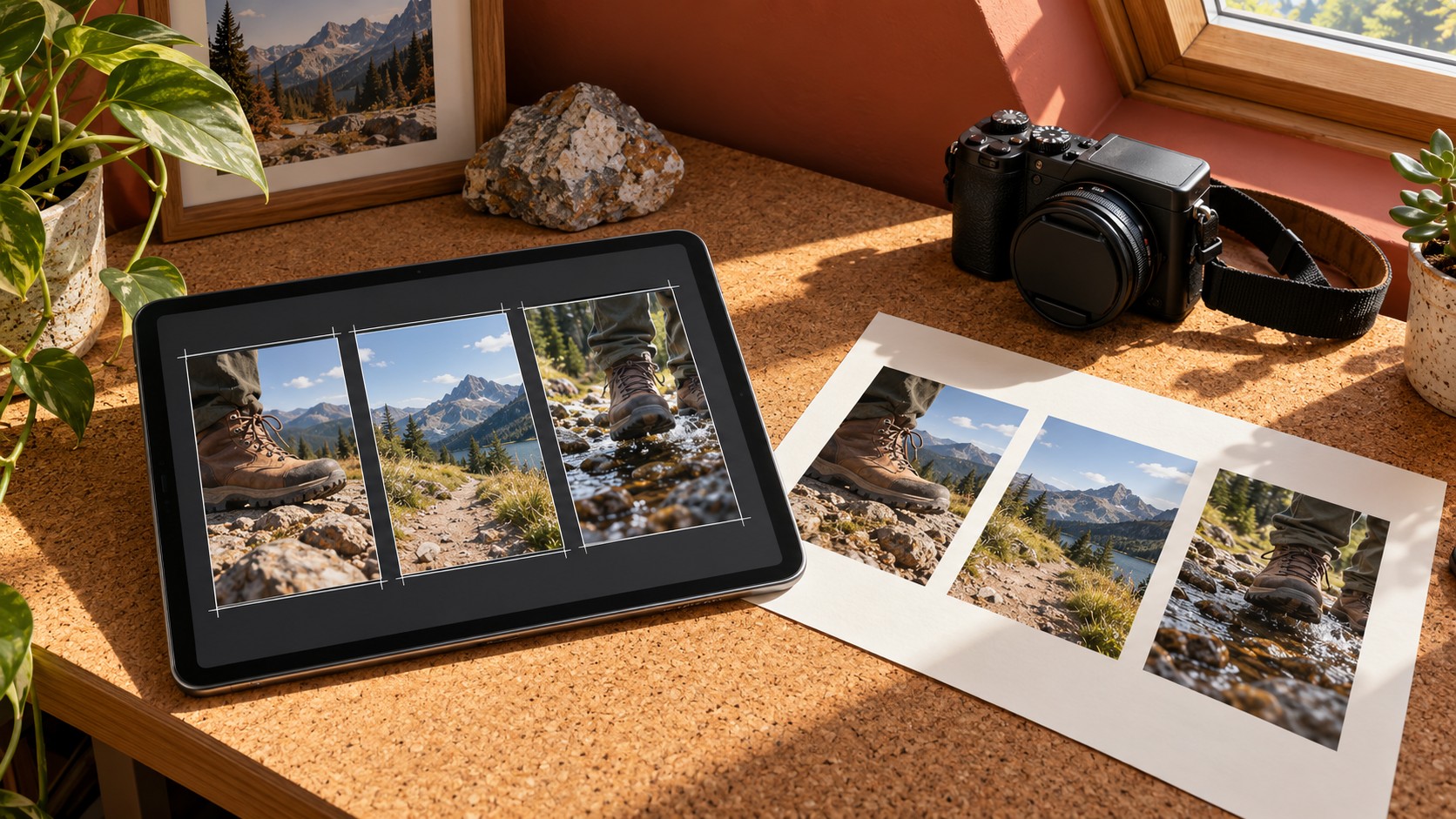 Tablet and printed contact sheet showing hiking-image variations beside a camera on a sunlit cork work surface.