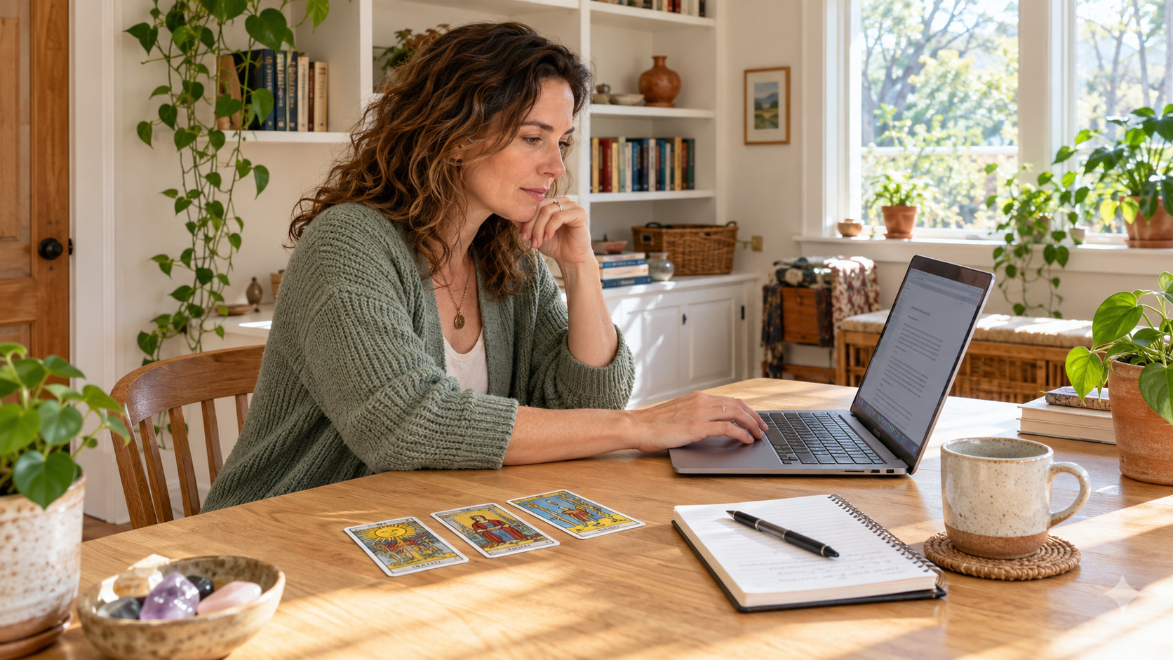 Woman practising a written tarot interpretation on a laptop beside three cards and an open notebook in a sunlit home study.