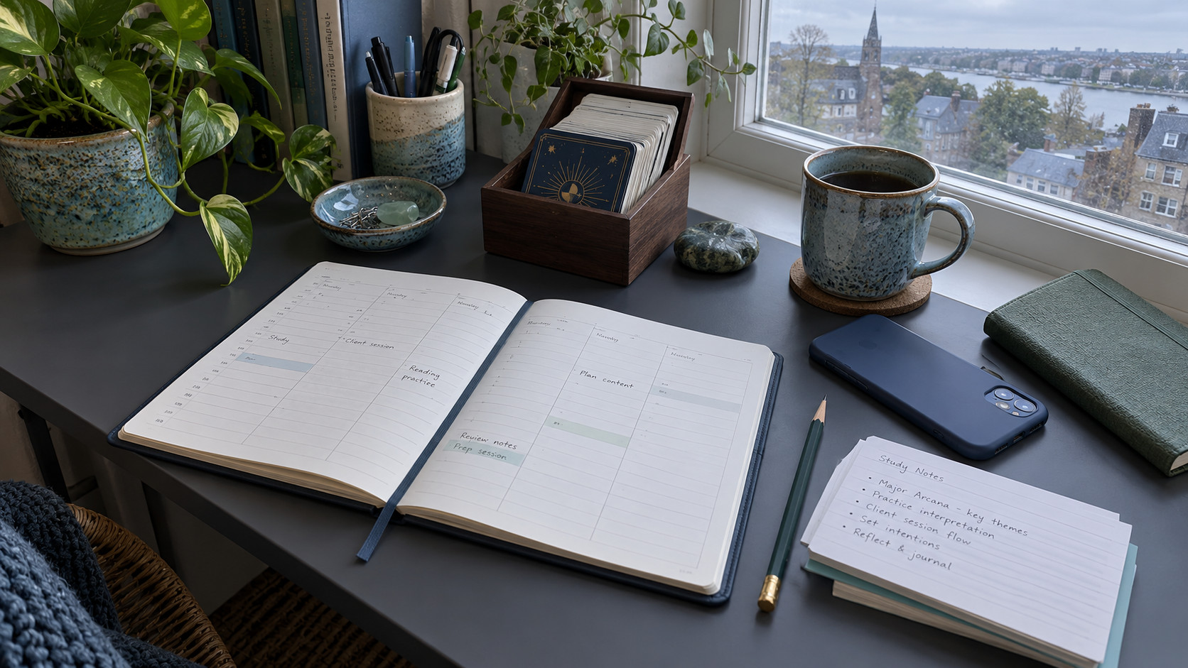 Weekly planner, tarot deck, smartphone and handwritten study cards arranged on a grey desk beside a window.