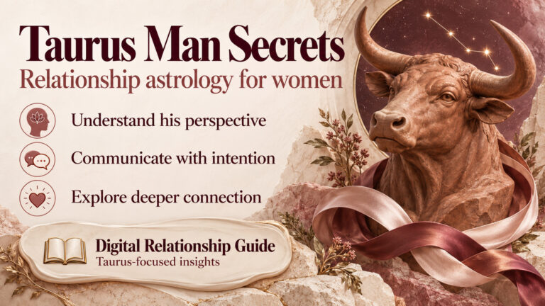 Taurus Man Secrets: Build Closeness with Astrology for Women Cream and burgundy Taurus Man Secrets banner featuring a sculpted bull, relationship benefits, and a digital guide panel.