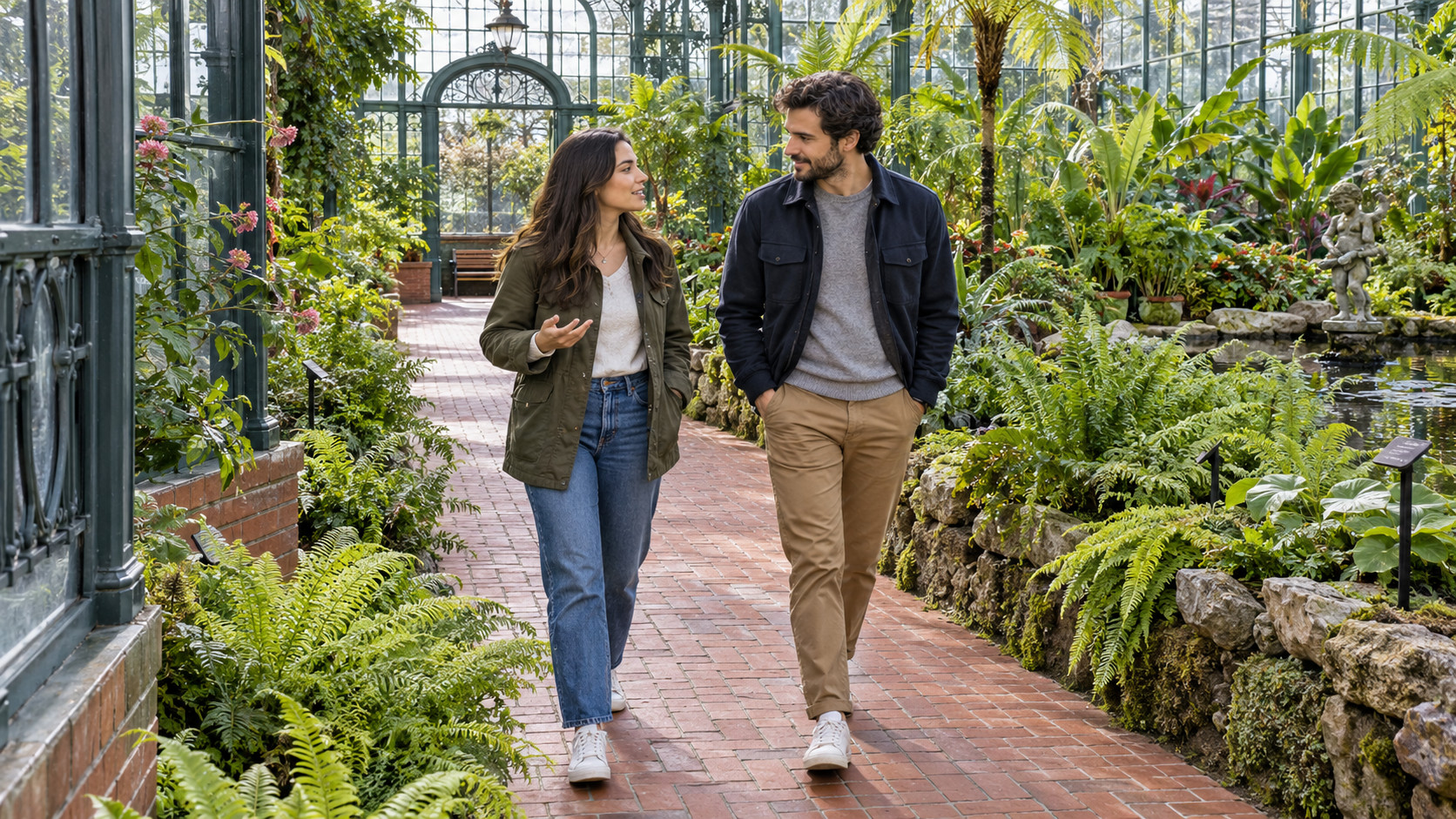 Woman and man talking while walking along a brick path inside a fern-filled glass conservatory.