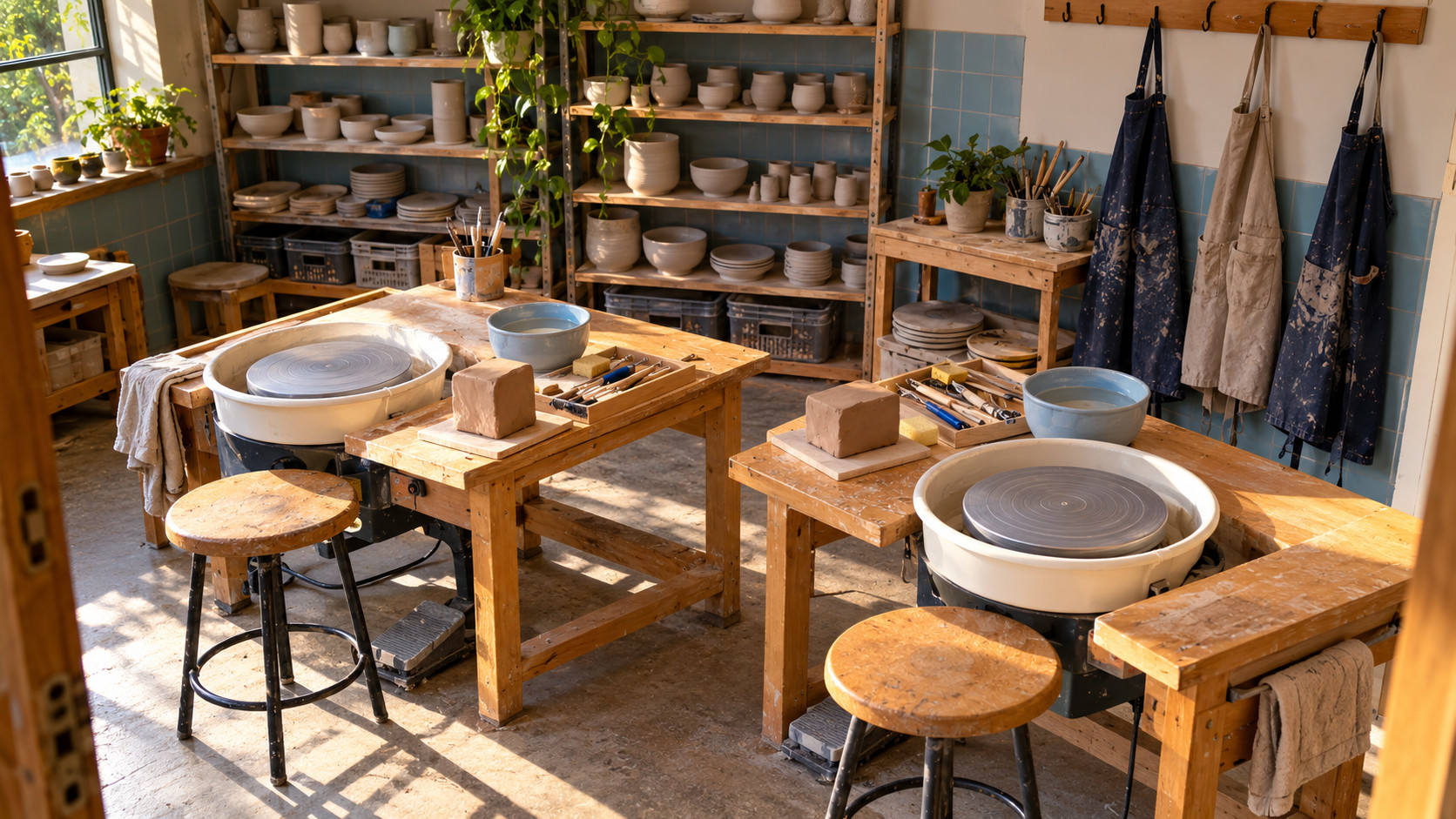 Two pottery wheels with clay blocks, tools, and water bowls in a sunlit ceramics studio.