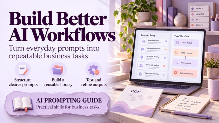 AI prompting guide banner featuring reusable prompt libraries, business workflows and three practical learning benefits.