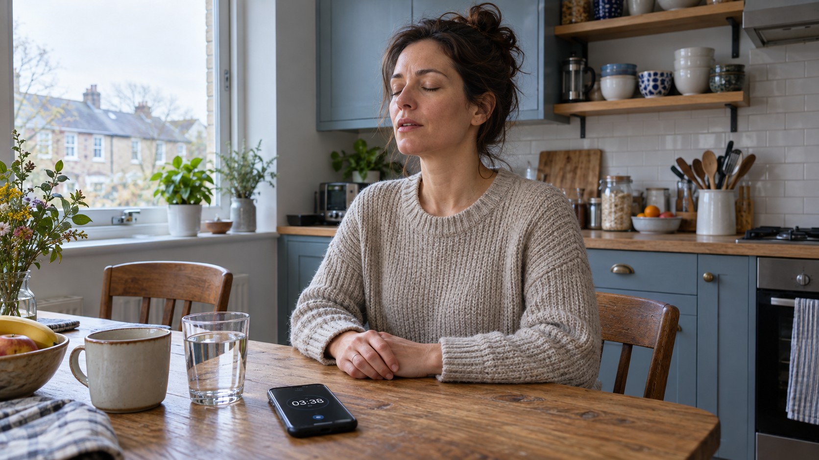 Woman sitting quietly at a kitchen table beside a phone timer showing 03:38.