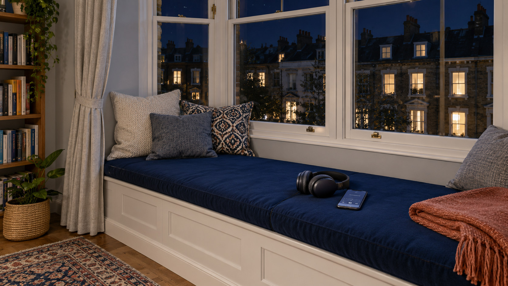 Headphones and a phone with a fifteen-minute audio track ready on a cushioned window seat.