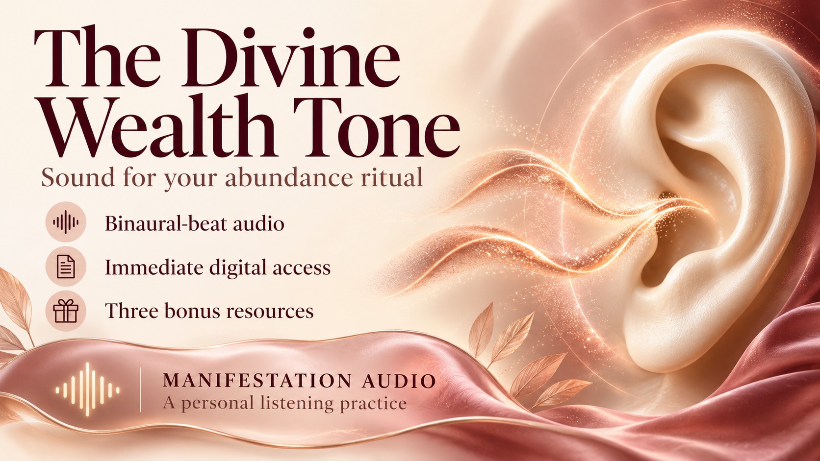 The Divine Wealth Tone banner with an ivory sculpted ear, copper sound waves, three product features and a rose manifestation audio panel