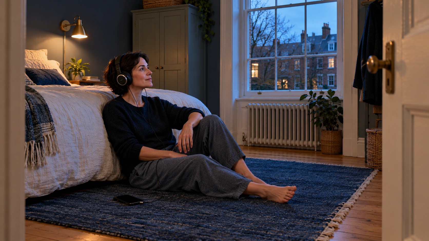 Woman wearing wired headphones while seated on an indigo rug beside a bed, with evening light through the window.