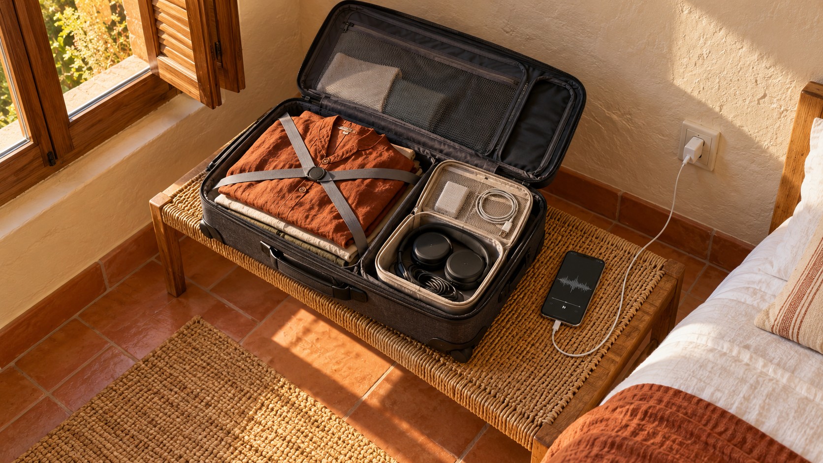 Open carry-on suitcase with folded rust-coloured clothing and headphones in a fabric pouch beside a charging smartphone in a sunlit guest room.