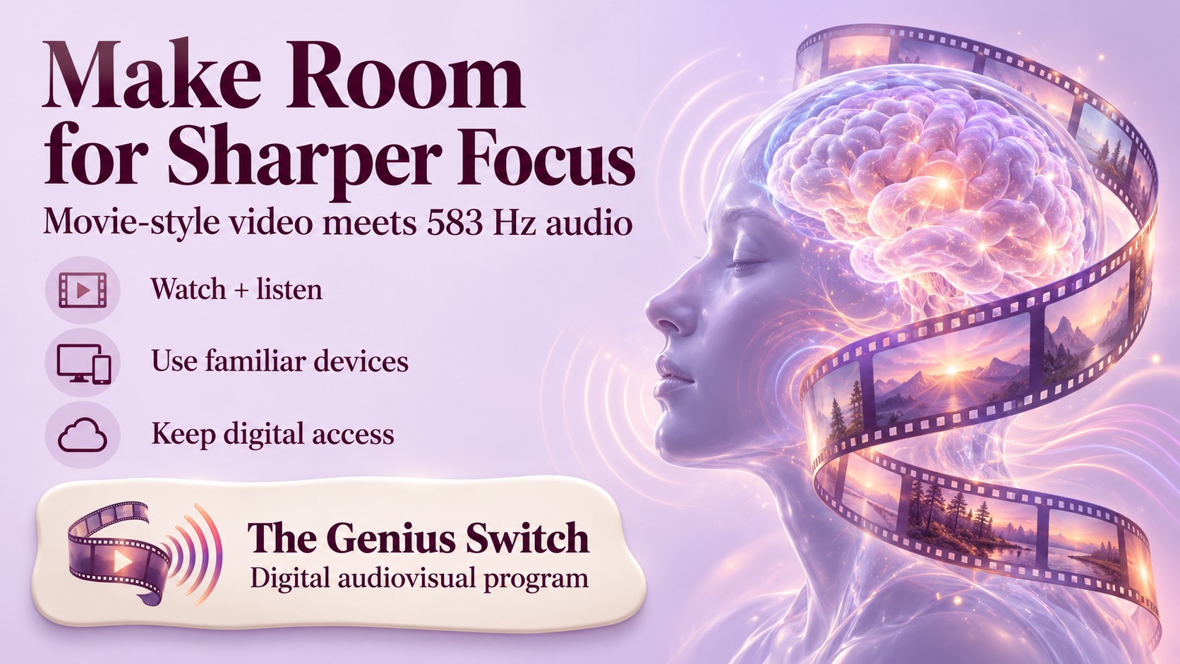 Lavender promotional banner with a conceptual illuminated brain, film ribbon and points about audiovisual sessions, familiar devices and digital access.