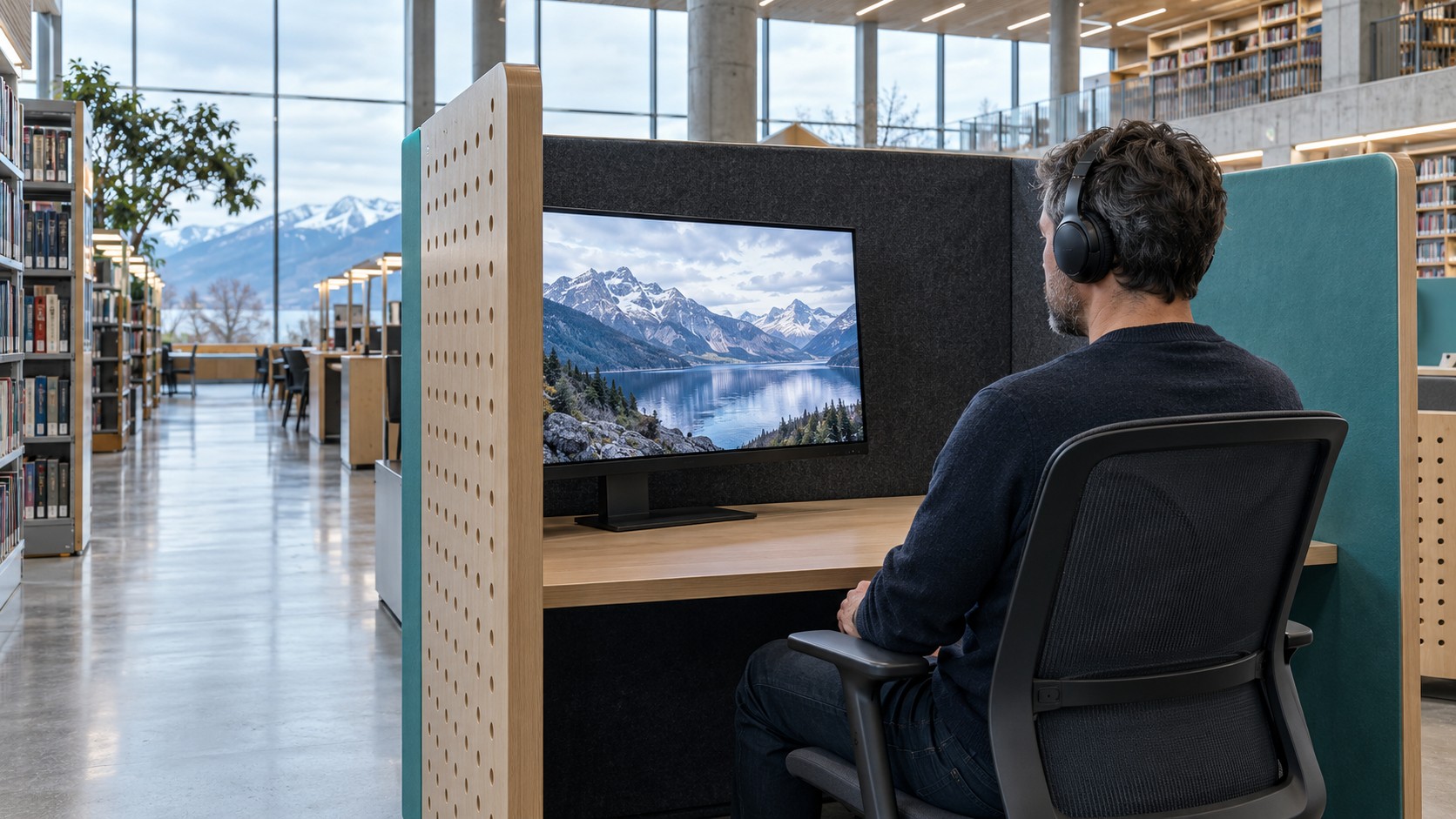 Man wearing headphones at a library media workstation, watching a mountain scene on a desktop monitor.